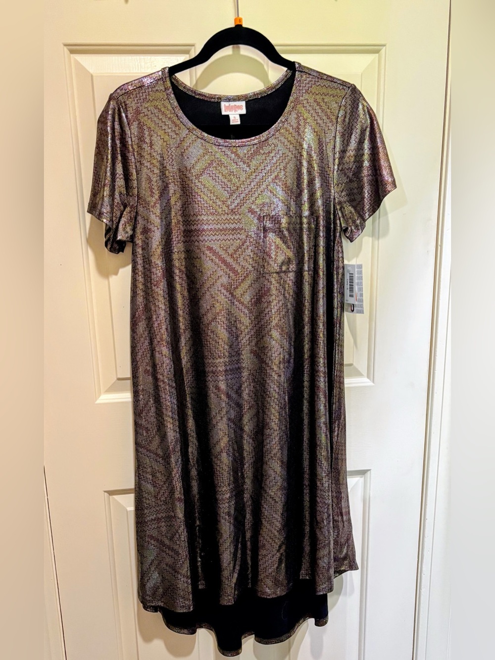 LuLaRoe Carly Metallic Geometric Mini Dress - Black with Iridescent Sheen